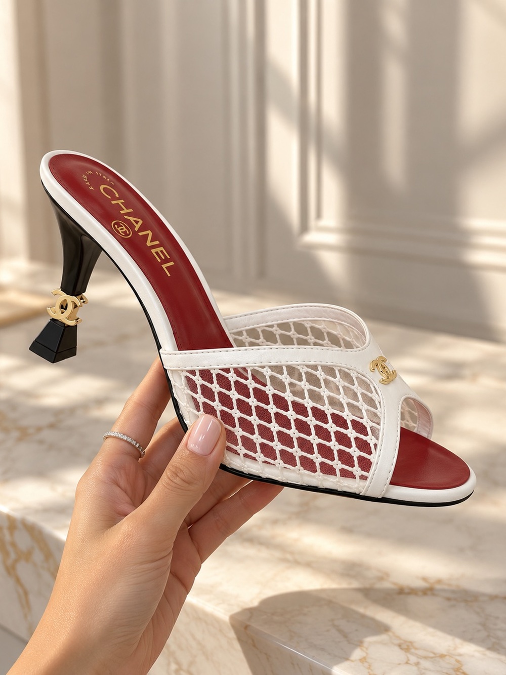 CHANEL White Mesh CC Mules